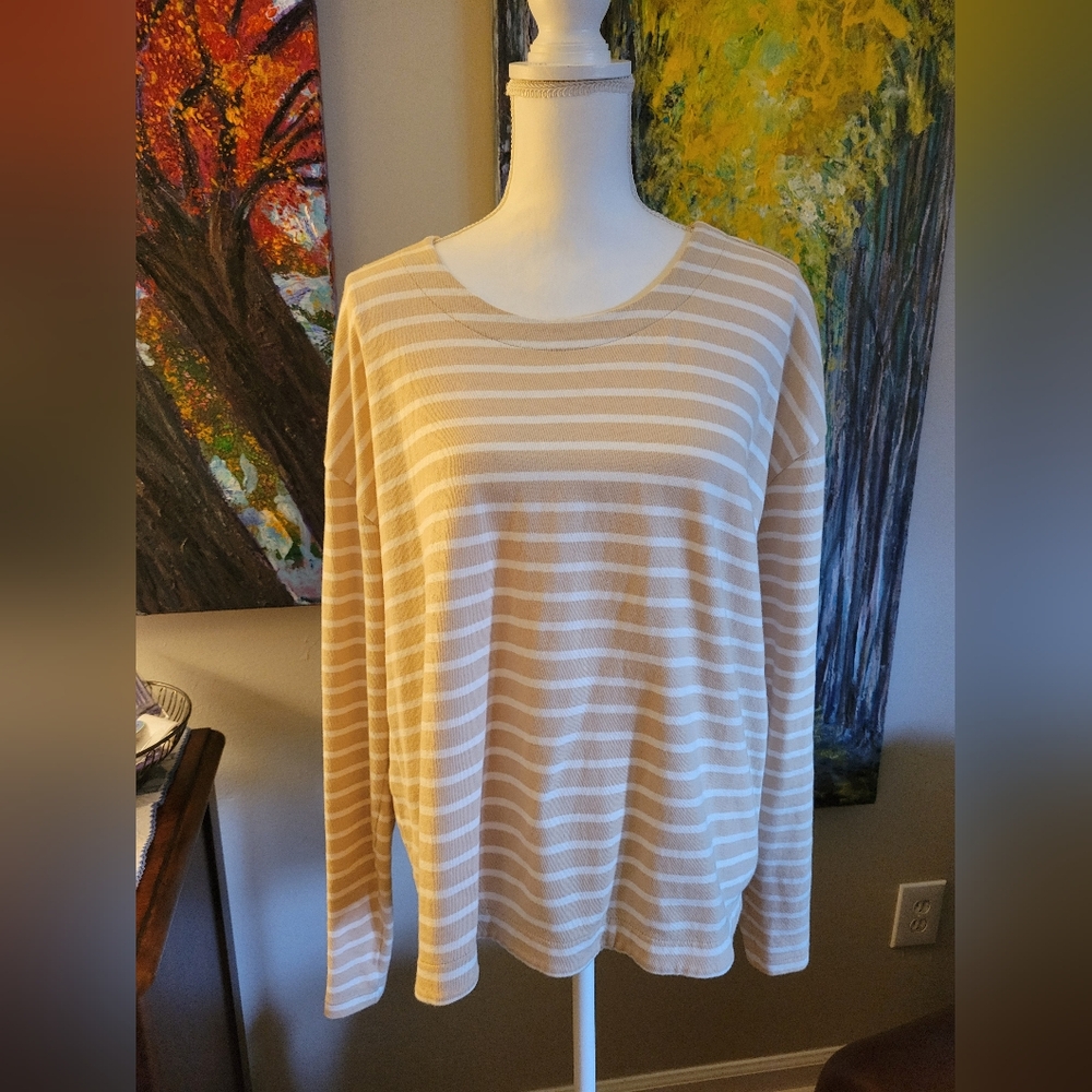 Lands' End Cream and White Striped Long Sleeve Tee